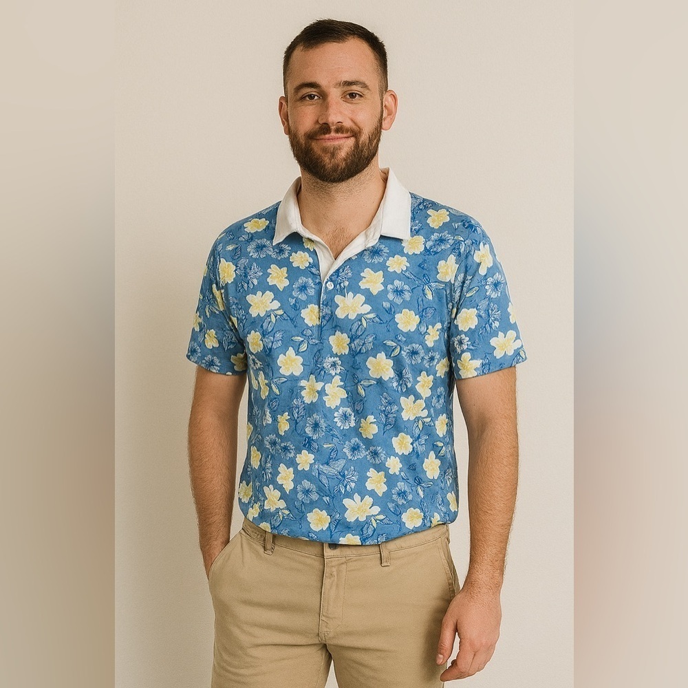 1030 Tipsy Elves Floral Short Sleeve Polo Size XXL Color Blue White Yellow